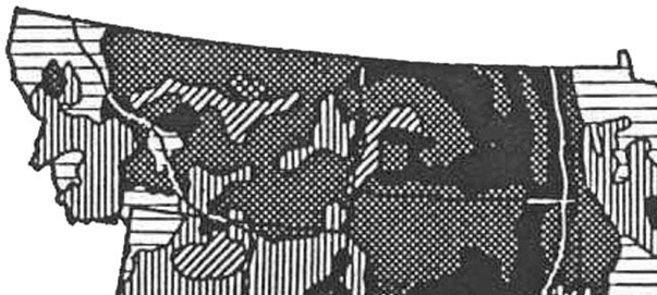 Figure 11.21 Black is moderate wind erosion, 25%-75% topsoil loss; grey dotted is slight wind erosion with 25% topsoil loss. Oblique slash is total of wind and water erosion, moderate at 75% topsoil loss. This image captured erosion from only the first half of the 1930s (United States Department of Agriculture, 1936). North Dakota wheat yield only managed to return to pre1900 levels when supplemental fertilizer was introduced in the late 1950s. For example, the phosphate lost from date of of the first plowing in North Dakota through today, largely from wind erosion, is about 85 billion pounds P2O5, with a value of about $56 billion if P2O5 is 66 cents per pound.